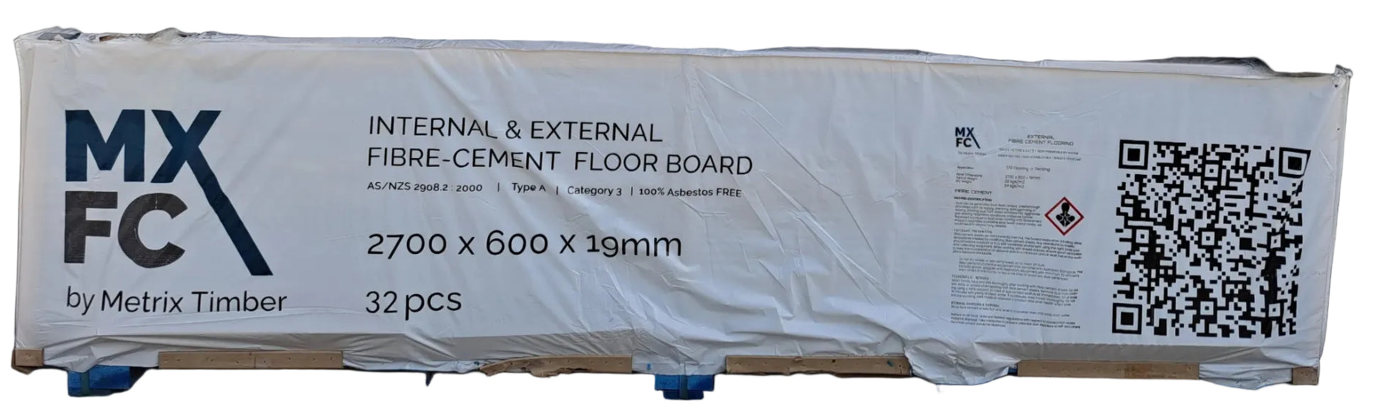 Pallet of 32 MXFC fibre-cement floor sheets with branding and specifications.