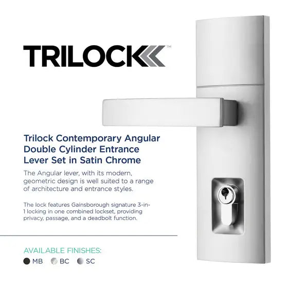 Gainsborough Trilock Contemporary Angular Double Cylinder Entrance Lever Set in Satin Chrome