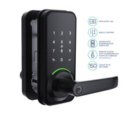 Angled view of the Gainsborough Haven Smart Entrance Lock, highlighting the backlit keypad panel and sleek integrated lever handle, constructed for straightforward DIY installation on standard external entrance doors
