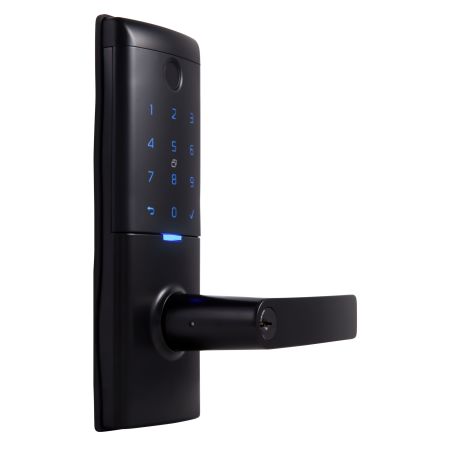 Angled view of the Gainsborough Mode Smart Entrance Lock, highlighting the advanced biometric fingerprint reader, RFID tag sensor, and backlit keypad set within a slim contemporary zinc alloy housing, suitable for doors 32mm to 55mm thick.