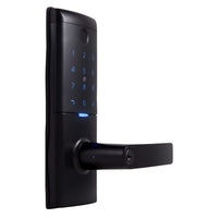 Angled view of the Gainsborough Mode Smart Entrance Lock, highlighting the advanced biometric fingerprint reader, RFID tag sensor, and backlit keypad set within a slim contemporary zinc alloy housing, suitable for doors 32mm to 55mm thick.