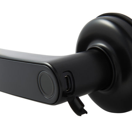 Angled view of the Gainsborough Mode Smart Lever Lock in black, highlighting the biometric fingerprint reader, RFID sensor panel, and backlit keypad integrated into a slim contemporary zinc alloy lever lock body, suitable for doors 32mm to 55mm thick.