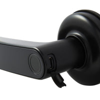 Angled view of the Gainsborough Mode Smart Lever Lock in black, highlighting the biometric fingerprint reader, RFID sensor panel, and backlit keypad integrated into a slim contemporary zinc alloy lever lock body, suitable for doors 32mm to 55mm thick.