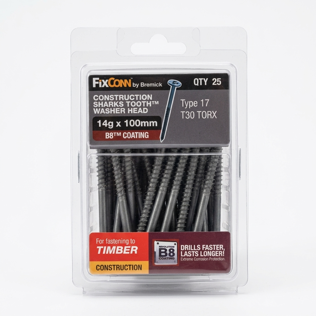 Bremick Fixconn Type 17 Sharks Tooth Washer Head Construction Screws 14G x 100mm – 25Pack