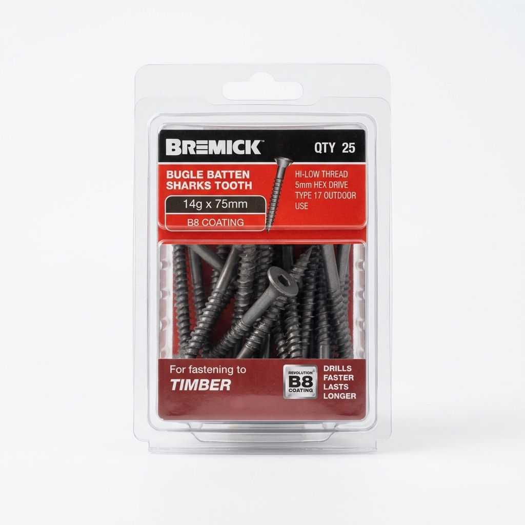 Bremick Sharks Tooth Bugle Batten Screws 14G x 75mm B8 – 25 Pack