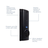 Close-up angle view of the Gainsborough Mode Smart Lever Lock in black, highlighting the RFID reader panel, biometric fingerprint sensor, and brushed matte zinc alloy casing, suited for modern and traditional home door hardware