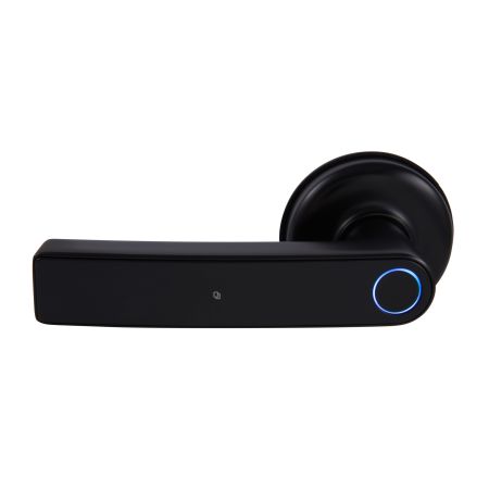 Front view of the Gainsborough Mode Smart Lever Lock in bold matte black, featuring a streamlined lever handle paired with a biometric fingerprint reader and illuminated keypad, ideal for home offices, garage access doors, and private rooms in rental properties.
