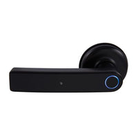Front view of the Gainsborough Mode Smart Lever Lock in bold matte black, featuring a streamlined lever handle paired with a biometric fingerprint reader and illuminated keypad, ideal for home offices, garage access doors, and private rooms in rental properties.
