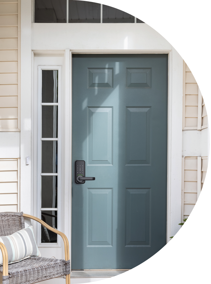 Gainsborough Haven Smart Entrance Lock installed on a residential entrance door, showcasing its modern low-profile design and keyless keypad entry, compatible with the Gainsborough Forte App via iOS and Android for remote access management.