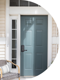 Gainsborough Haven Smart Entrance Lock installed on a residential entrance door, showcasing its modern low-profile design and keyless keypad entry, compatible with the Gainsborough Forte App via iOS and Android for remote access management.