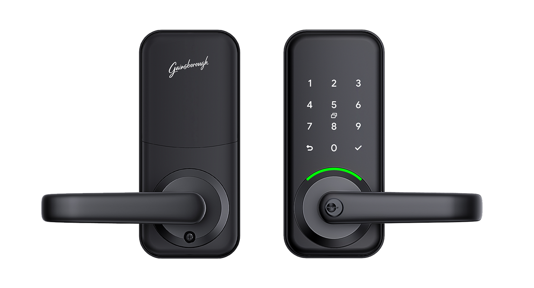 Gainsborough Haven Smart Entrance Lock featuring a slim contemporary profile with an integrated lever handle and backlit PIN keypad, designed for stylish keyless entry on modern residential external doors.