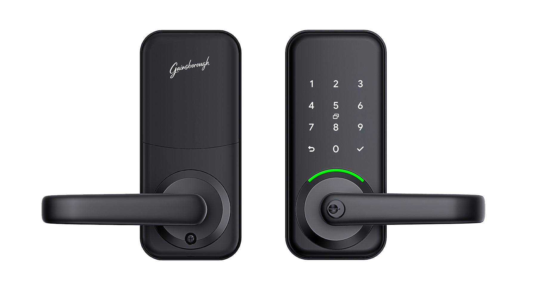 Gainsborough Haven Smart Entrance Lock featuring a slim contemporary profile with an integrated lever handle and backlit PIN keypad, designed for stylish keyless entry on modern residential external doors.