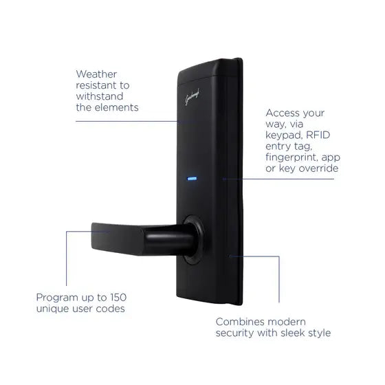 Gainsborough Mode Smart Entrance Lock displayed with included components — integrated lever handle, latch, and key override cylinder — constructed from zinc alloy and compatible with the Gainsborough Forte Wi-Fi Bridge for full smart home connectivity and remote access management