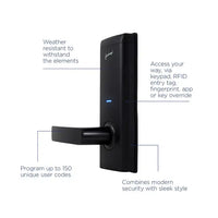 Gainsborough Mode Smart Entrance Lock displayed with included components — integrated lever handle, latch, and key override cylinder — constructed from zinc alloy and compatible with the Gainsborough Forte Wi-Fi Bridge for full smart home connectivity and remote access management