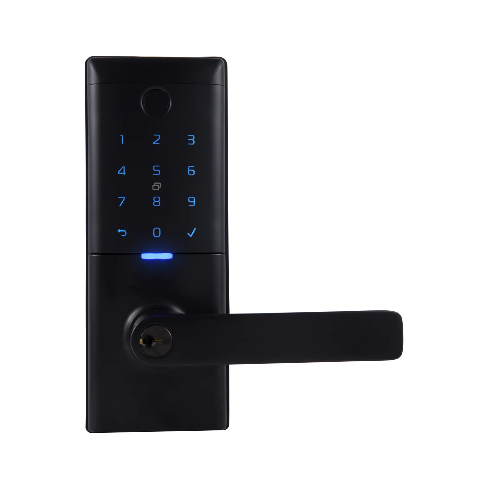 Gainsborough Mode Smart Entrance Lock in zinc alloy construction, featuring a integrated lever handle, backlit PIN keypad, and fingerprint sensor panel, designed for secure smart keyless entry on external residential doors.