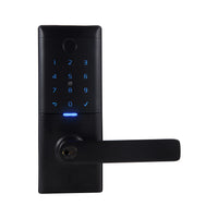 Gainsborough Mode Smart Entrance Lock in zinc alloy construction, featuring a integrated lever handle, backlit PIN keypad, and fingerprint sensor panel, designed for secure smart keyless entry on external residential doors.