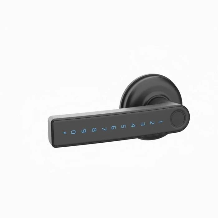 Gainsborough Mode Smart Lever Lock in black zinc alloy, presenting a straight-on view of the integrated lever handle, backlit PIN keypad, and fingerprint sensor panel, engineered for secure keyless entry on interior residential doors.