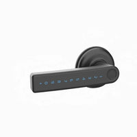 Gainsborough Mode Smart Lever Lock in black zinc alloy, presenting a straight-on view of the integrated lever handle, backlit PIN keypad, and fingerprint sensor panel, engineered for secure keyless entry on interior residential doors.