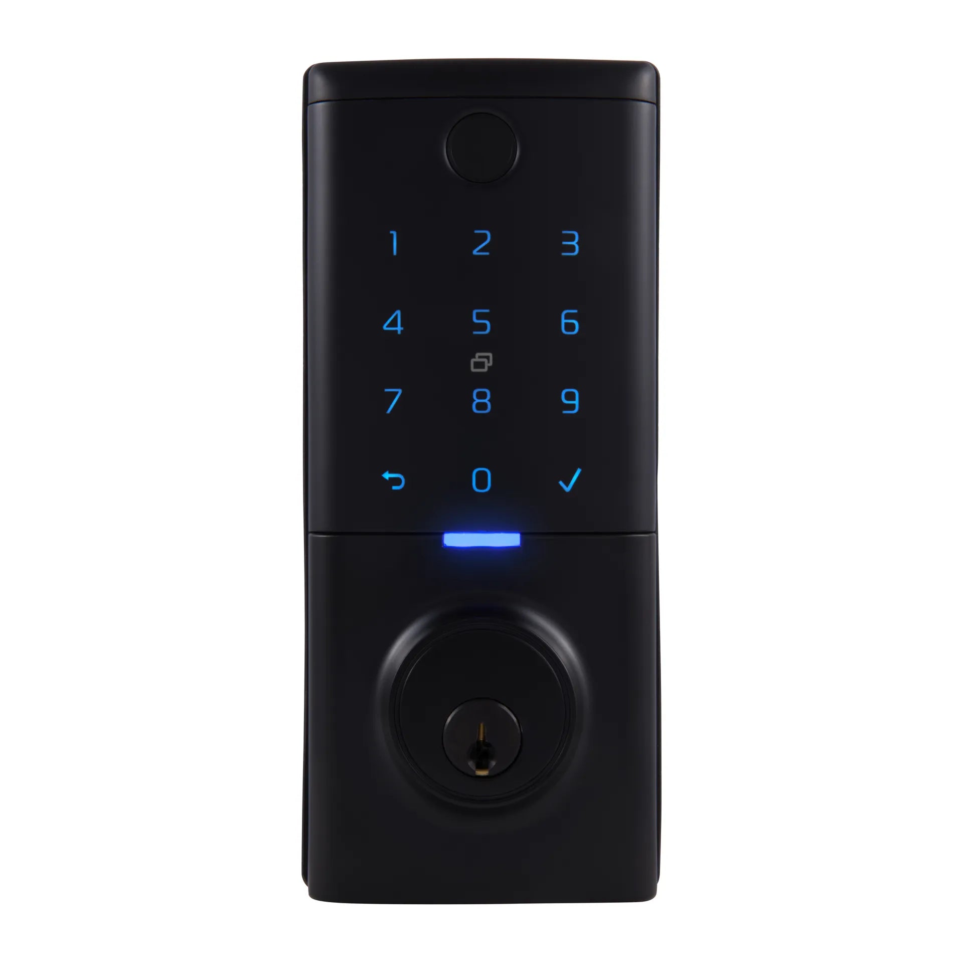 Gainsborough Mode Smart Lever Lock in matte black zinc alloy finish, featuring a slim contemporary lever handle, backlit PIN keypad, and fingerprint sensor, designed for secure keyless entry on residential entrance doors.