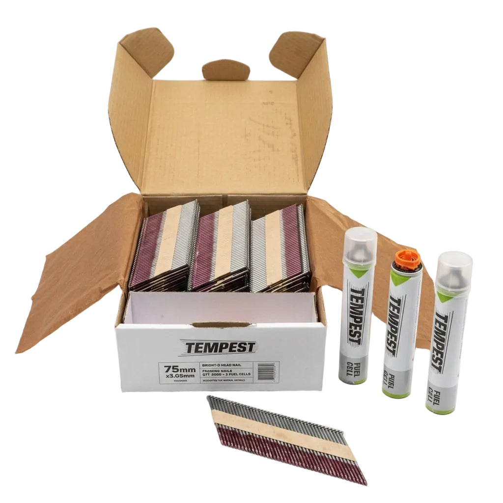 Open box of Tempest nail and tool set on a white background