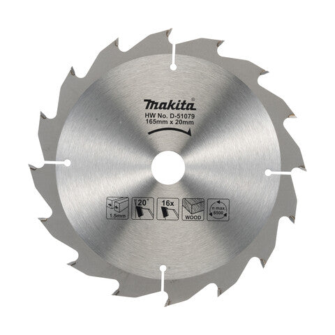 Makita 165mm x 20mm 16 Tooth TCT Circular Saw Blade for Wood D-51079