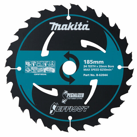 Makita 185mm x 20mm 24 Tooth Efficut TCT Circular Saw Blade for Wood B-62044