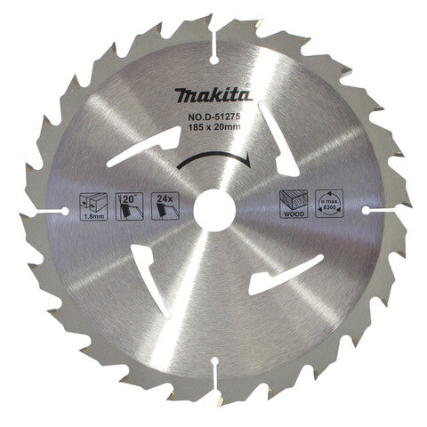 Makita 185mm x 20mm 24 Tooth TCT Circular Saw Blade for Wood D-51275