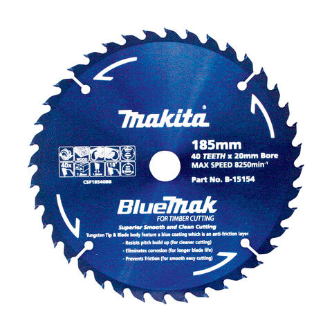 Makita 185mm x 20mm 40 Tooth TCT Circular Saw Blade for Wood B-15154