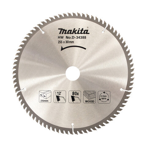 Makita 255mm x 20mm 80 Tooth TCT Circular Saw Blade for Wood D-34388
