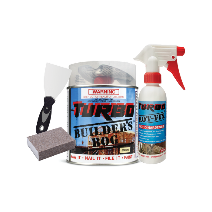 Turbo Rot Repair Kit includes, builders bog, spray hardener, putty knife, and sanding block.