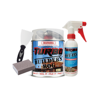 Turbo Rot Repair Kit includes, builders bog, spray hardener, putty knife, and sanding block.